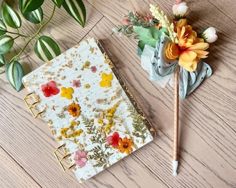 Refillable Pressed Flower Resin Notebook & Pen Set - Gold Leaf