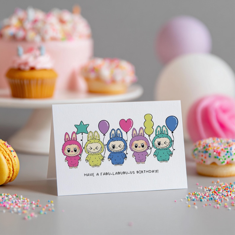 May include: A white greeting card with a cartoon illustration of six characters in bunny costumes holding balloons. The characters are in various colors, including pink, yellow, blue, purple, and green. The text "HAVE A FABU-LABUBU-US BIRTHDAY!" is printed below the characters. The background includes a cake, cupcakes, and macarons.