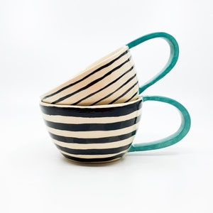 AVGUSTA & TONE Handmade, ceramic coffee mug, turquoise, ceramic tea cup, stripes, mothers day present, fathers day gift image 1