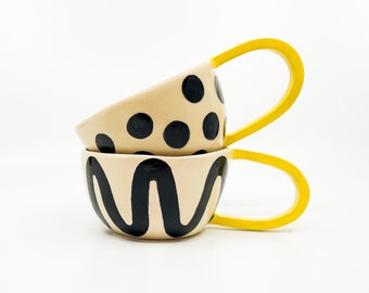 Handmade, ceramic coffee mug, yellow, lines, ceramic tea cup, anniversary gift, gift for mom, gift for a couple, CECILIJA & MARIJ