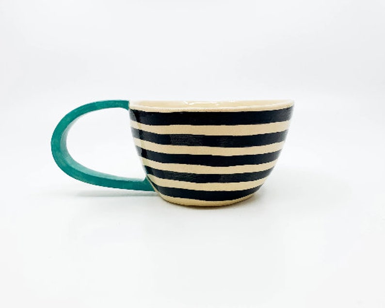 AVGUSTA & TONE Handmade, ceramic coffee mug, turquoise, ceramic tea cup, stripes, mothers day present, fathers day gift image 6