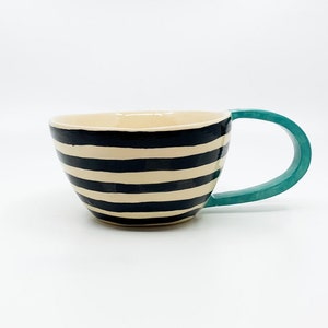 AVGUSTA & TONE Handmade, ceramic coffee mug, turquoise, ceramic tea cup, stripes, mothers day present, fathers day gift image 3