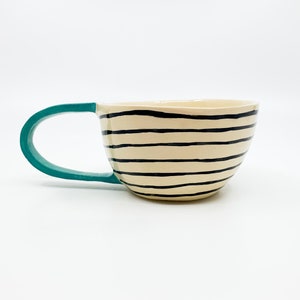 AVGUSTA & TONE Handmade, ceramic coffee mug, turquoise, ceramic tea cup, stripes, mothers day present, fathers day gift image 5