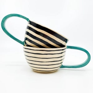 AVGUSTA & TONE Handmade, ceramic coffee mug, turquoise, ceramic tea cup, stripes, mothers day present, fathers day gift image 4