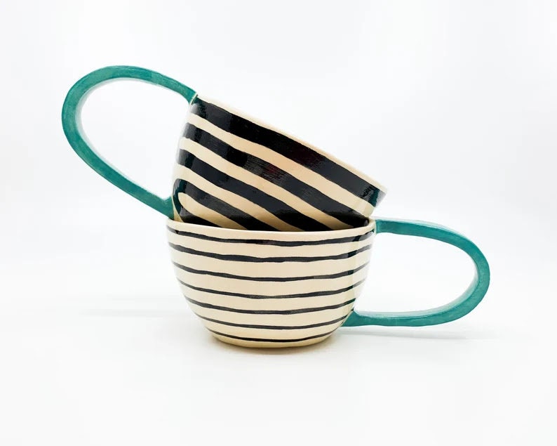 AVGUSTA & TONE Handmade, ceramic coffee mug, turquoise, ceramic tea cup, stripes, mothers day present, fathers day gift image 4