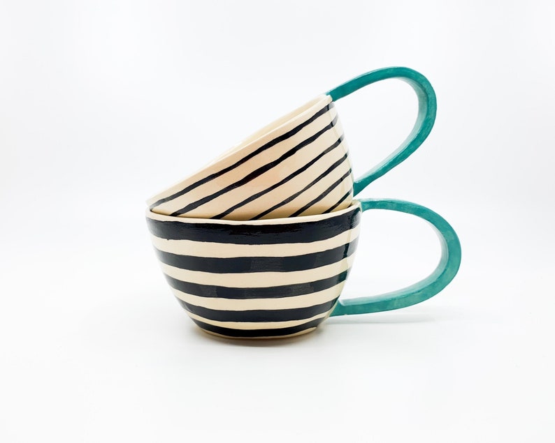 AVGUSTA & TONE Handmade, ceramic coffee mug, turquoise, ceramic tea cup, stripes, mothers day present, fathers day gift image 1