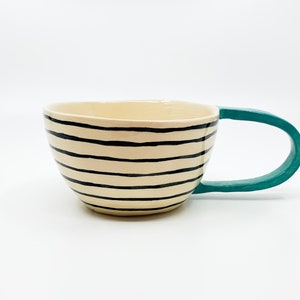 AVGUSTA & TONE Handmade, ceramic coffee mug, turquoise, ceramic tea cup, stripes, mothers day present, fathers day gift image 2