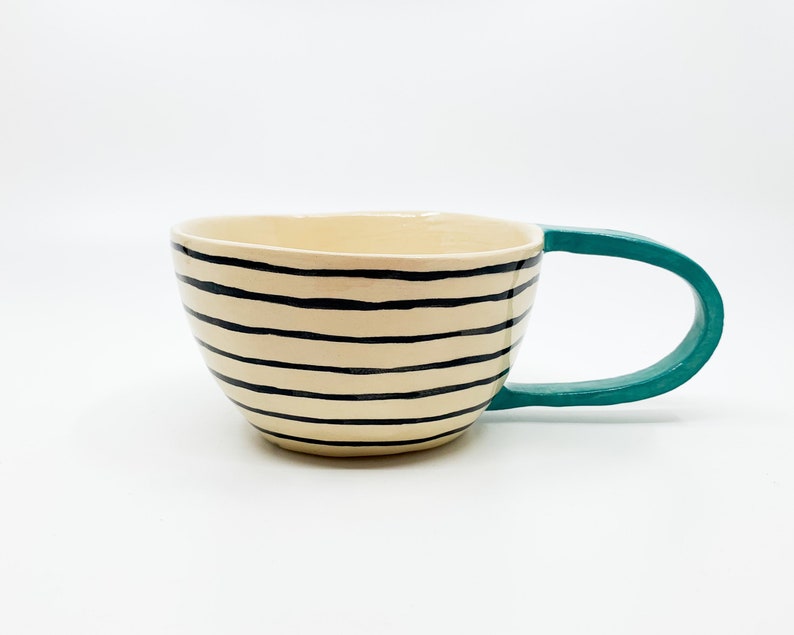 AVGUSTA & TONE Handmade, ceramic coffee mug, turquoise, ceramic tea cup, stripes, mothers day present, fathers day gift image 2