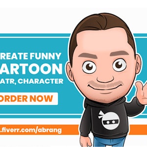 Könnte beinhalten: Eine Cartoon-Illustration einer Person mit braunen Haaren, einem schwarzen Hoodie mit einem Ninja-Logo und blauen Jeans. Der Text "I CREATE FUNNY CARTOON AVATAR, CHARACTER" befindet sich in einem blauen Kasten über der Person. Der Text "ORDER NOW" befindet sich in einem blauen Kasten unter der Person. Der Text "www.fiverr.com/abrang" befindet sich in einem orangen Kasten unter dem blauen Kasten.