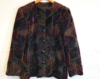 Vintage 80er Jahre samt und funkeln herbstliche Blatt Design Jacke