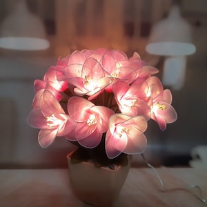 Puede incluir: Una lámpara de flores rosa con un cable blanco. La lámpara está hecha de flores de tela y tiene un brillo blanco cálido.