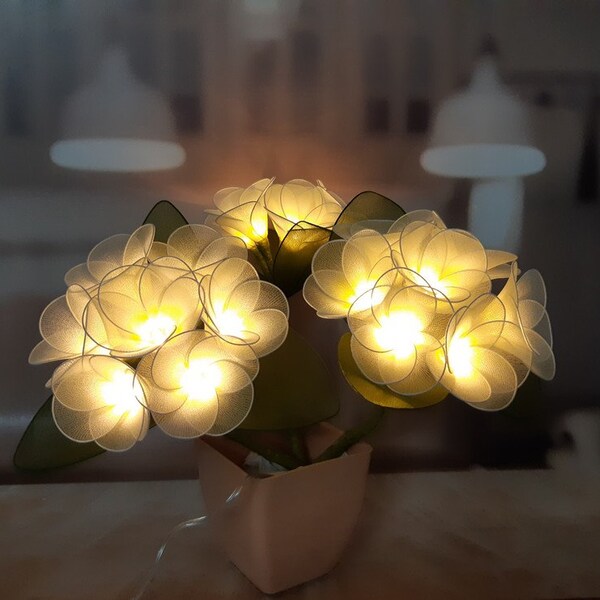 Off white Frangipani flower battery lamp Plumeria artificial nylon flower tree LED christmas mini lights mother day gift