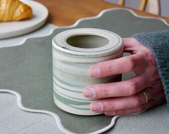 Handmade Ceramic Coffee Cup, Green Marble Swirl To-Go Mug, Sippy Lid