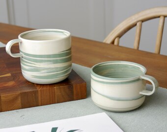 Handmade Marbled Ceramic Mug, Contemporary Handmade Cup, Green and White Marble Pattern