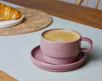 Handmade Coloured Clay Mug & Saucer Set, Ceramic Gift for Coffee-lovers, Modern Coffee Cup, Minimalist Scandinavian Drinkware