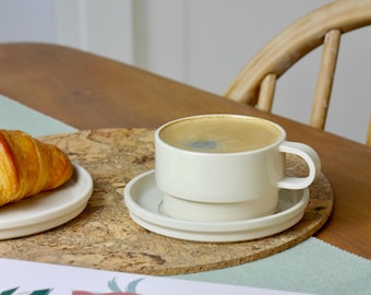 Handmade White Coffee Mug & Saucer, Ceramic Gift Set, Modern Coffee Cup, Minimalist Scandinavian Drinkware