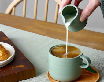 Handmade Green Stoneware Mug, Wheel-Thrown Ceramic Cup, Minimalist Scandinavian Design