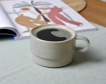 Grey Ceramic Coffee Cup and Saucer, Wheel-Thrown Modern Scandinavian Mug