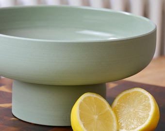 Handmade Green Ceramic Pedestal Fruit Bowl,  Contemporary Table Centrepiece, Wedding Gift