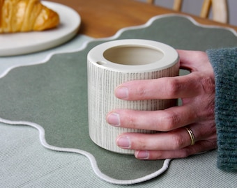 Handmade Ceramic Take-out Coffee Cup, Wheel Thrown To-Go Mug, Modern Line and Grid Pattern