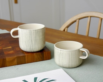 Handcrafted Ceramic Mug, Hand drawn stripe design, Contemporary Wheel-Thrown Cup, Modern Monotone Mug