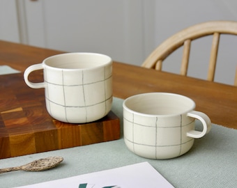 Handcrafted Ceramic Mug, Hand Drawn Grid Design, Contemporary Wheel-Thrown Cup, Modern Monotone Mug