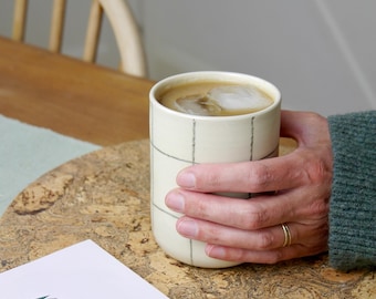Handmade Ceramic Iced Coffee Cup, Wheel Thrown Stoneware Tumbler, Grid Pattern Mug