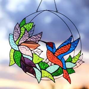 Stained Glass Art Suncatcher Window panel Bird Hummingbird with flowers Handmade Home decor Gift