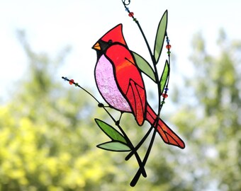 Stained Glass Art Suncatcher Window hangings Bird Cardinal Handmade Home decor Gift