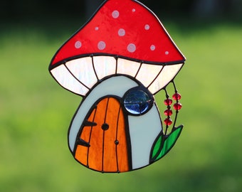 Mushroom House Cottage Suncatcher Stained Glass Art Window hangings Home decor Gift