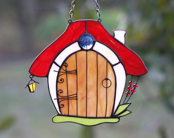 House Cottage Suncatcher Stained Glass Art Window hangings Home decor Gift