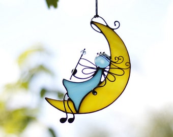 Suncatcher Stained Glass Art Window hangings Fairy on the moon Home decor