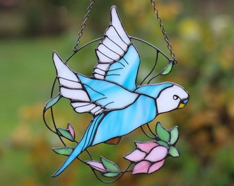 Budgie Parrot Suncatcher Stained Glass Art Window hangings Bird Home decor Gift