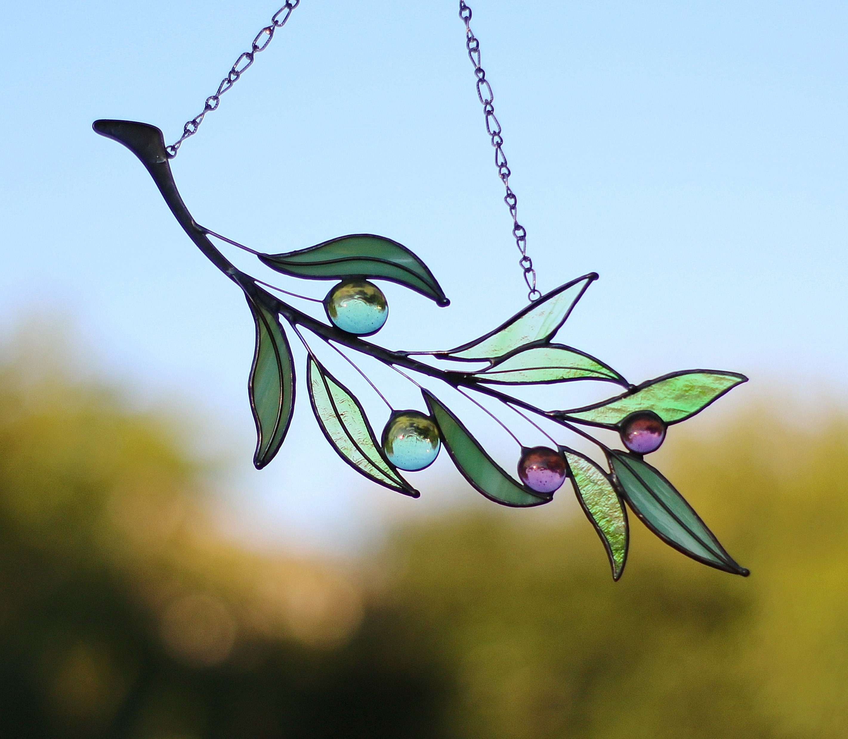 OLIVE branch Suncatcher Stained Glass Art Window hangings Home decor Ornament Gift