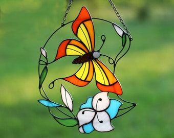 Butterfly with flowers Window hangings Stained Glass Art Suncatcher Window panel Handmade Home decor Gift