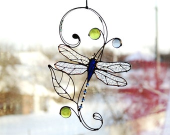 Stained Glass Art Suncatcher Window hangings Dragonfly iridescent glass Gift Home decor