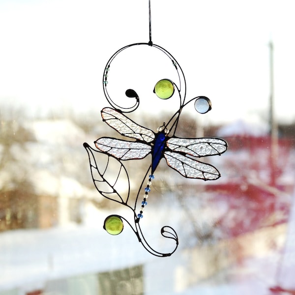 Stained Glass Art Suncatcher Window hangings Dragonfly iridescent glass Gift Home decor