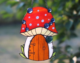 Mushroom House Cottage Suncatcher Stained Glass Art Window hangings Home decor Gift