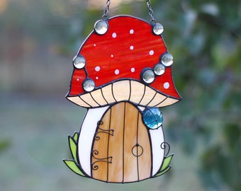 Mushroom House Cottage Suncatcher Stained Glass Art Window hangings Home decor Gift