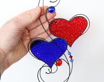 Hearts Suncatcher Stained Glass Art Window hangings Home decor Gift