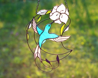 Hummingbird with Lily Suncatcher Window hangings Stained Glass Art Window hangings Bird Home decor Gift