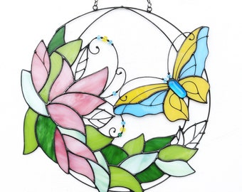 Butterfly with flowers Window hangings Stained Glass Art Suncatcher Window panel Handmade Home decor Gift