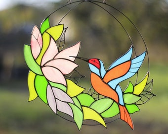 Stained Glass Art Suncatcher Window panel Bird Hummingbird with flowers Handmade Home decor Gift