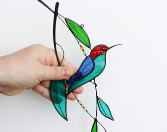 Suncatcher Stained Glass Art Window hangings Hummingbird Bird Home decor Gift