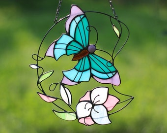 Butterfly with flowers Window hangings Stained Glass Art Suncatcher Window panel Handmade Home decor Gift