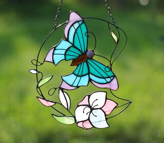 Farfalla Acchiappasole In Vetro Colorato, Decorazione Da Finestra 15,5 Cm, Regalo Per Mamma E Donna, Luce Solare (Blu)