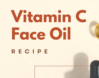 Puede incluir: Una botella de vidrio de aceite facial rojo con un tapón cuentagotas negro. La botella está etiquetada con las palabras "Receta de aceite facial con vitamina C" y enumera los ingredientes: vitamina C, coenzima Q10 y astaxantina. Un libro electrónico completo y fácil de seguir con una fórmula de aceite facial de calidad profesional perfecta para los fabricantes de productos para el cuidado de la piel DIY y las pequeñas empresas!