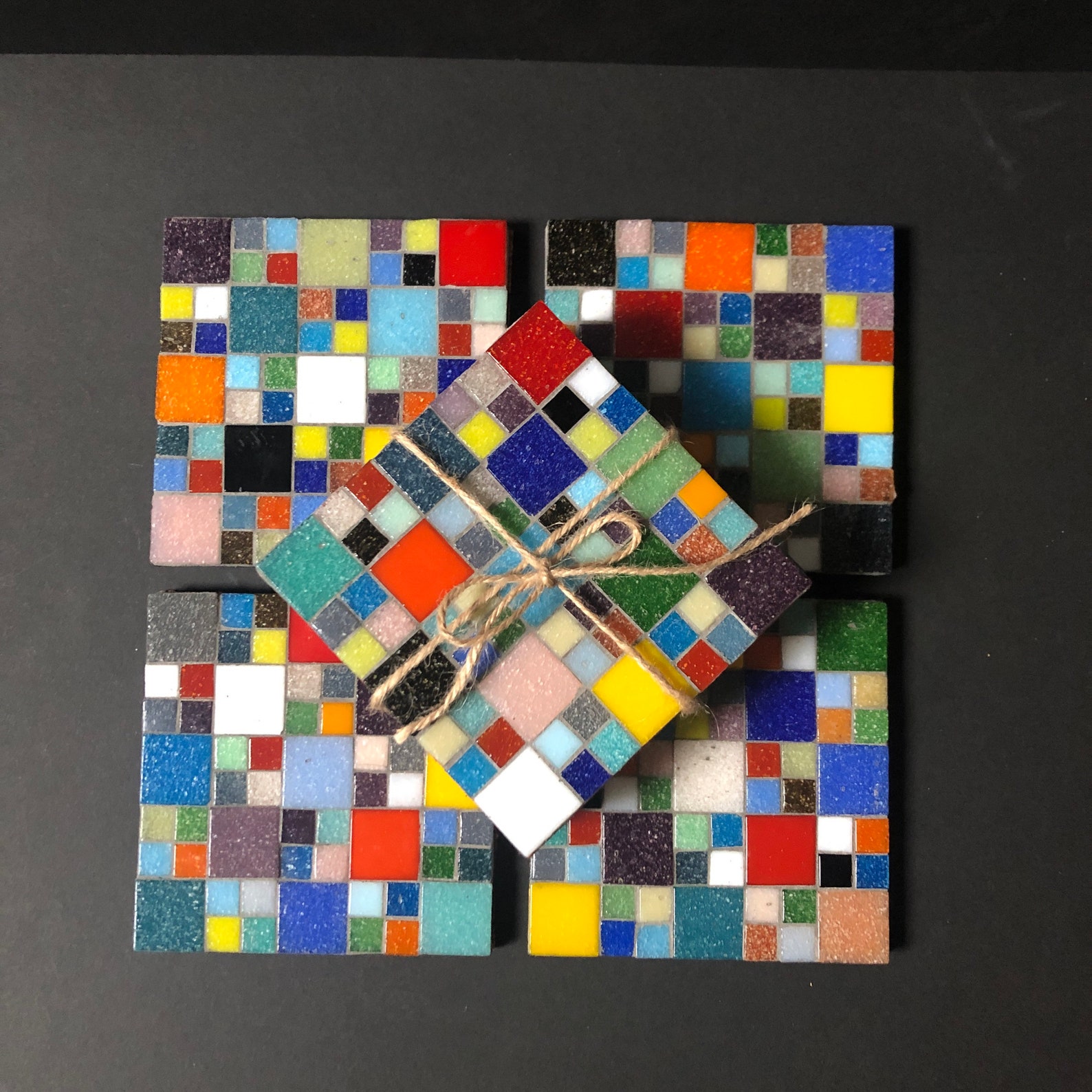 Mosaic Coasters Set of 4 Abstract Mosaic Tile Design Etsy