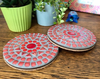 Mosaic Glass Tiled Coasters: Circular Patterned Drink Coasters, Set of 2