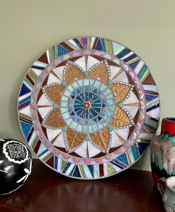Stained Glass Mandala Mosaic: Iridescent Silver Bead Bespoke Artwork